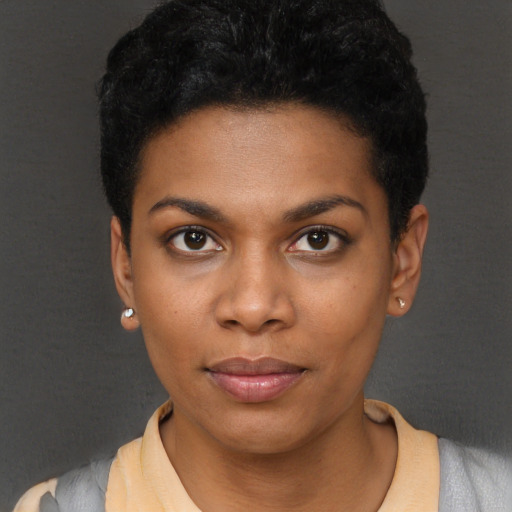Neutral black young-adult female with short  black hair and brown eyes