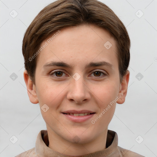 Joyful white young-adult female with short  brown hair and grey eyes