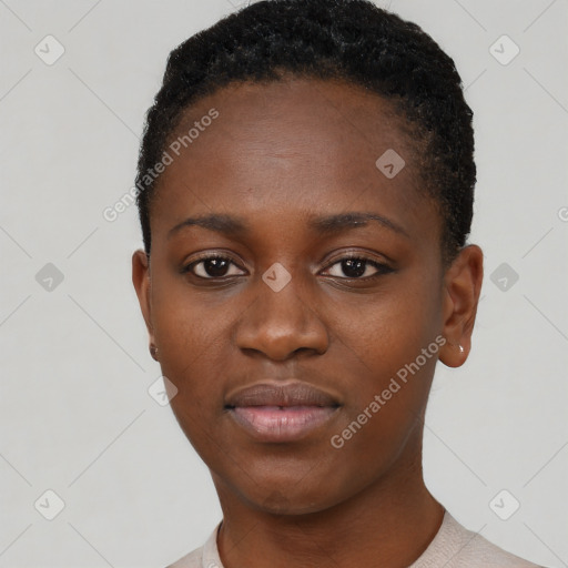 Neutral black young-adult female with short  black hair and brown eyes