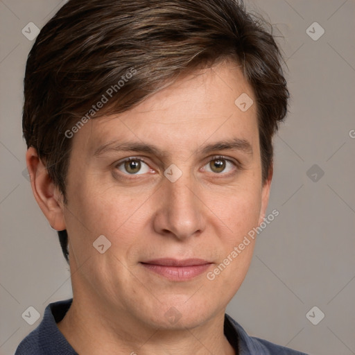 Joyful white adult male with short  brown hair and grey eyes