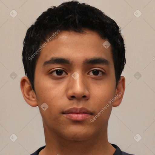 Neutral latino young-adult male with short  black hair and brown eyes