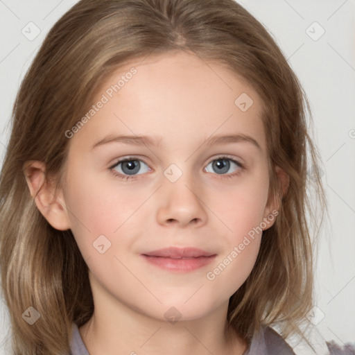 Joyful white child female with medium  brown hair and brown eyes