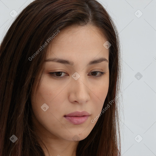 Neutral white young-adult female with long  brown hair and brown eyes