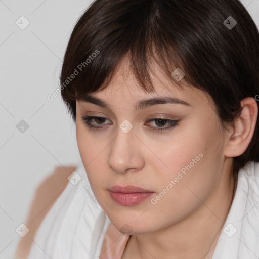 Neutral white young-adult female with medium  brown hair and brown eyes