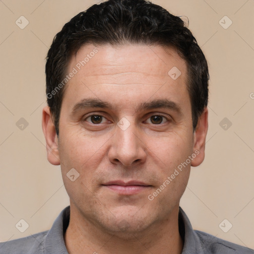 Neutral white adult male with short  brown hair and brown eyes