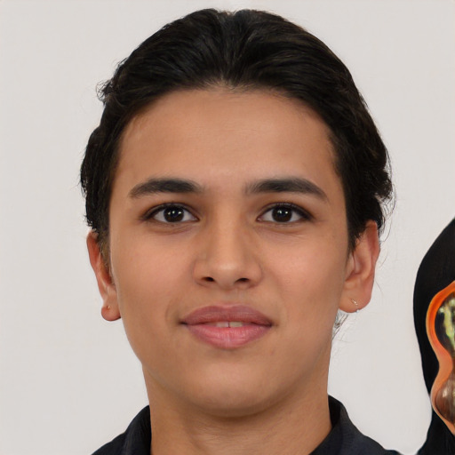 Neutral latino young-adult male with short  brown hair and brown eyes
