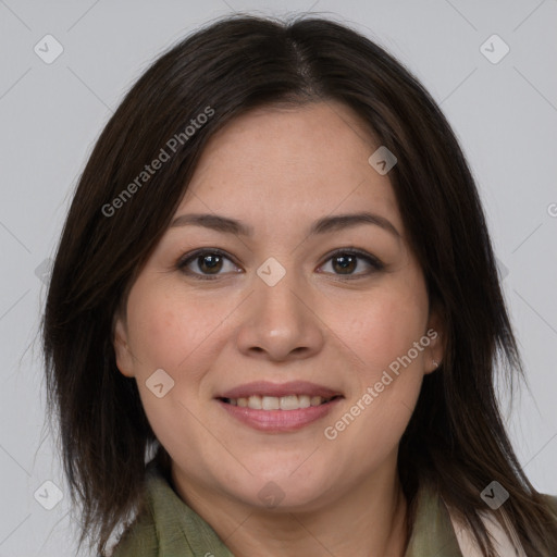 Joyful white young-adult female with medium  brown hair and brown eyes