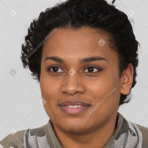 Joyful black young-adult female with short  brown hair and brown eyes