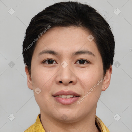 Joyful white young-adult female with short  brown hair and brown eyes