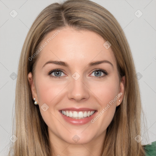 Joyful white young-adult female with long  brown hair and grey eyes