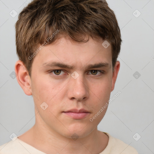 Neutral white young-adult male with short  brown hair and grey eyes