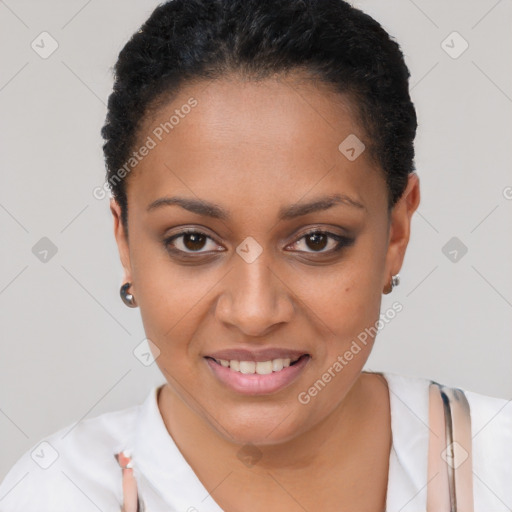 Joyful latino young-adult female with short  black hair and brown eyes