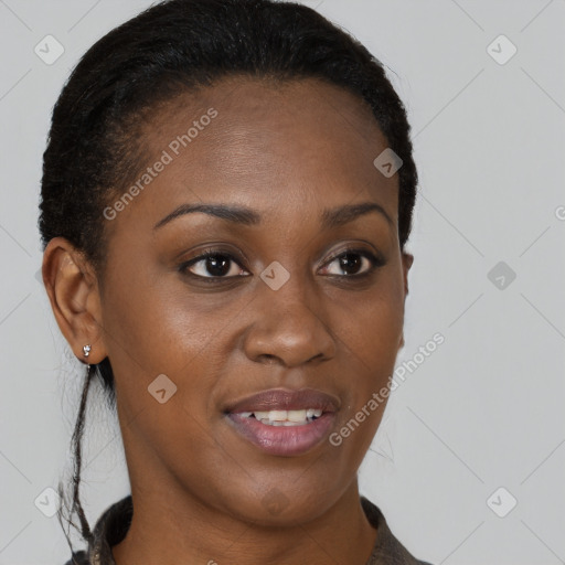 Joyful black young-adult female with short  brown hair and brown eyes