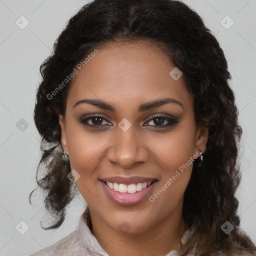 Joyful black young-adult female with medium  brown hair and brown eyes