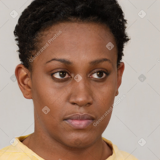 Neutral black young-adult female with short  brown hair and brown eyes