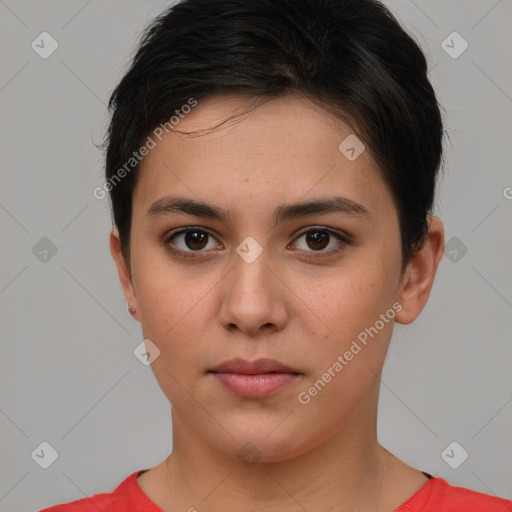 Neutral white young-adult female with short  brown hair and brown eyes