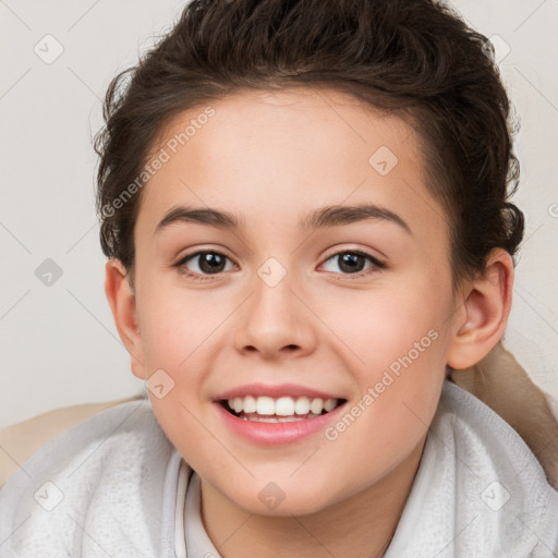 Joyful white child female with short  brown hair and brown eyes