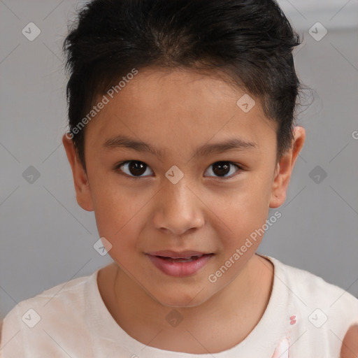 Joyful white child female with short  brown hair and brown eyes