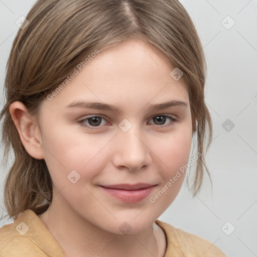 Joyful white child female with medium  brown hair and brown eyes