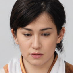 Neutral asian young-adult female with medium  brown hair and brown eyes