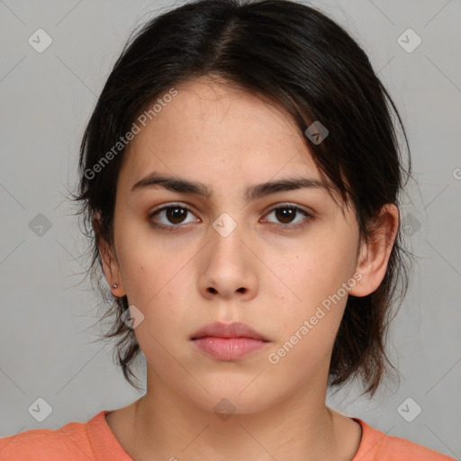 Neutral white young-adult female with medium  brown hair and brown eyes