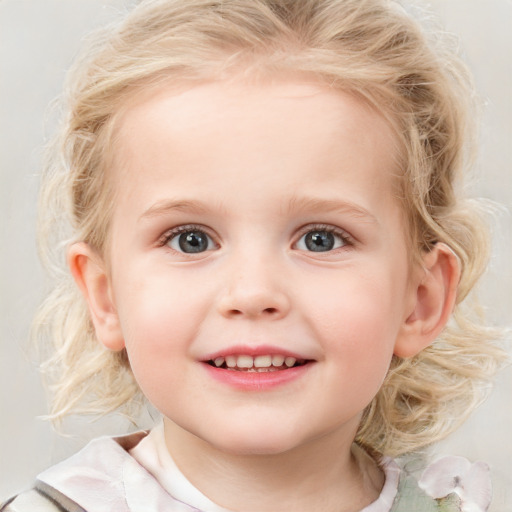 Joyful white child female with medium  blond hair and blue eyes