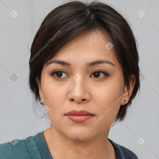 Neutral asian young-adult female with medium  brown hair and brown eyes