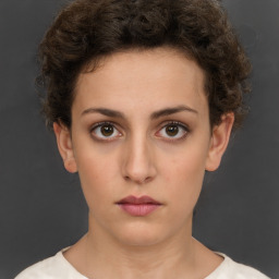 Neutral white young-adult female with short  brown hair and brown eyes