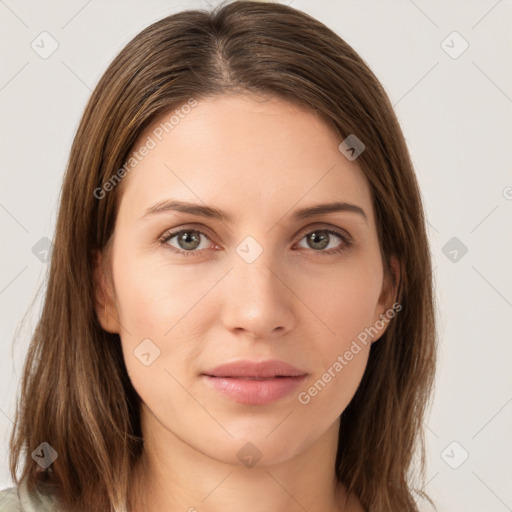 Neutral white young-adult female with long  brown hair and brown eyes