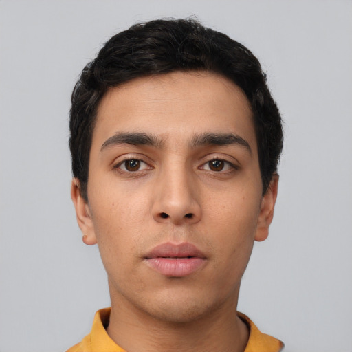Neutral asian young-adult male with short  black hair and brown eyes