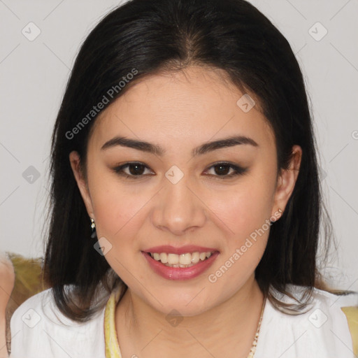 Joyful white young-adult female with medium  brown hair and brown eyes