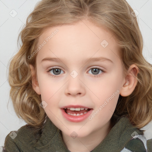 Joyful white child female with medium  brown hair and blue eyes