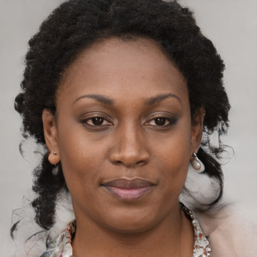 Joyful black adult female with long  black hair and brown eyes