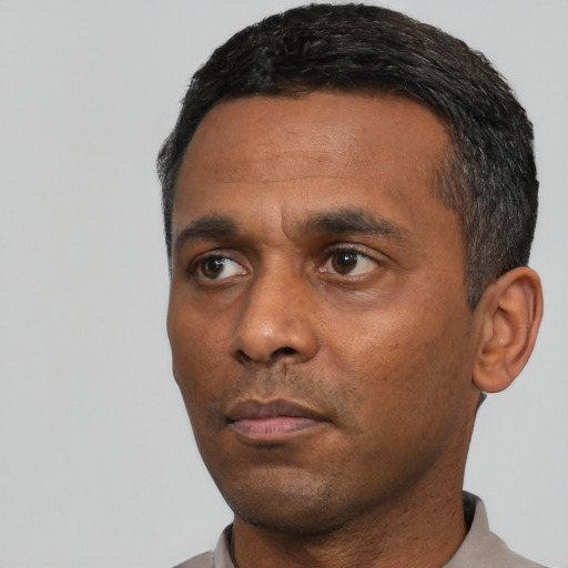 Neutral black adult male with short  black hair and brown eyes