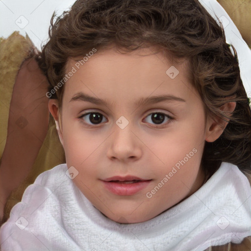 Joyful white child female with short  brown hair and brown eyes