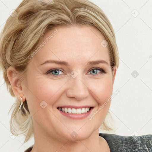 Joyful white young-adult female with medium  brown hair and blue eyes