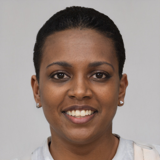 Joyful black young-adult female with short  black hair and brown eyes