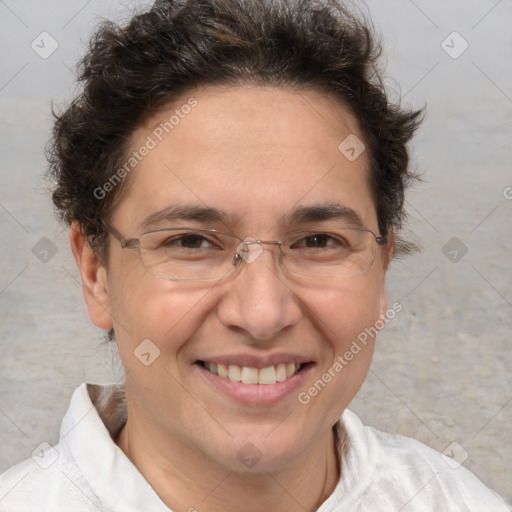 Joyful white adult female with short  brown hair and brown eyes