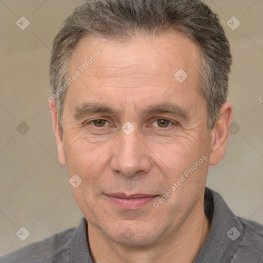 Joyful white middle-aged male with short  brown hair and brown eyes