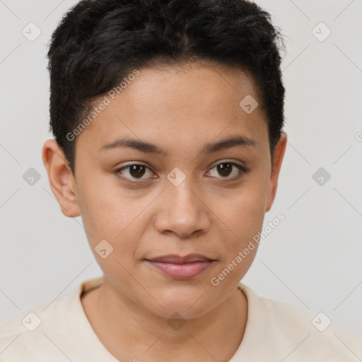 Joyful latino young-adult female with short  brown hair and brown eyes