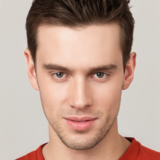 Neutral white young-adult male with short  brown hair and brown eyes