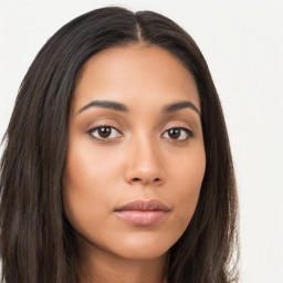 Neutral asian young-adult female with long  brown hair and brown eyes