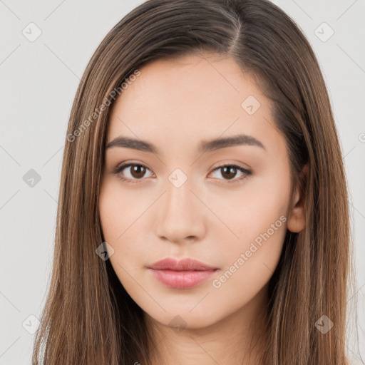 Neutral white young-adult female with long  brown hair and brown eyes