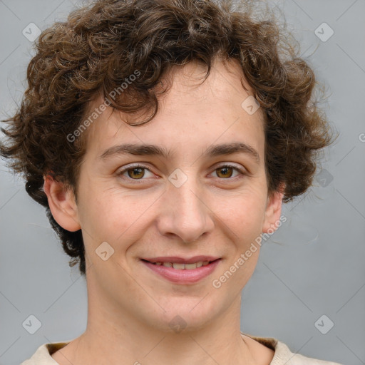 Joyful white young-adult male with medium  brown hair and brown eyes