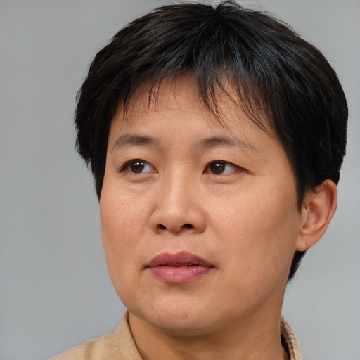 Joyful asian adult female with medium  brown hair and brown eyes