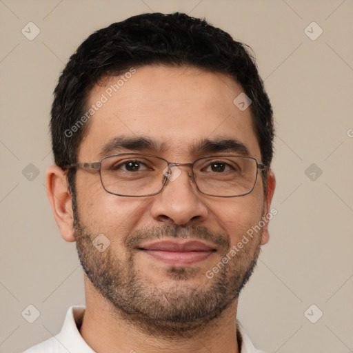 Joyful white adult male with short  brown hair and brown eyes