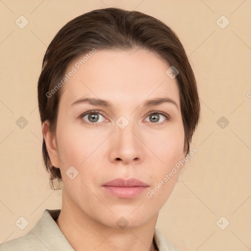 Neutral white young-adult female with short  brown hair and brown eyes