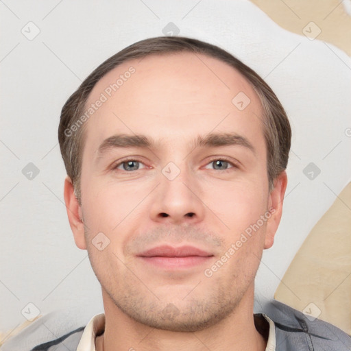 Neutral white young-adult male with short  brown hair and brown eyes