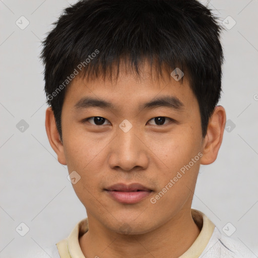 Neutral asian young-adult male with short  brown hair and brown eyes