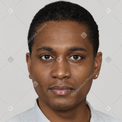 Neutral black young-adult male with short  black hair and brown eyes
